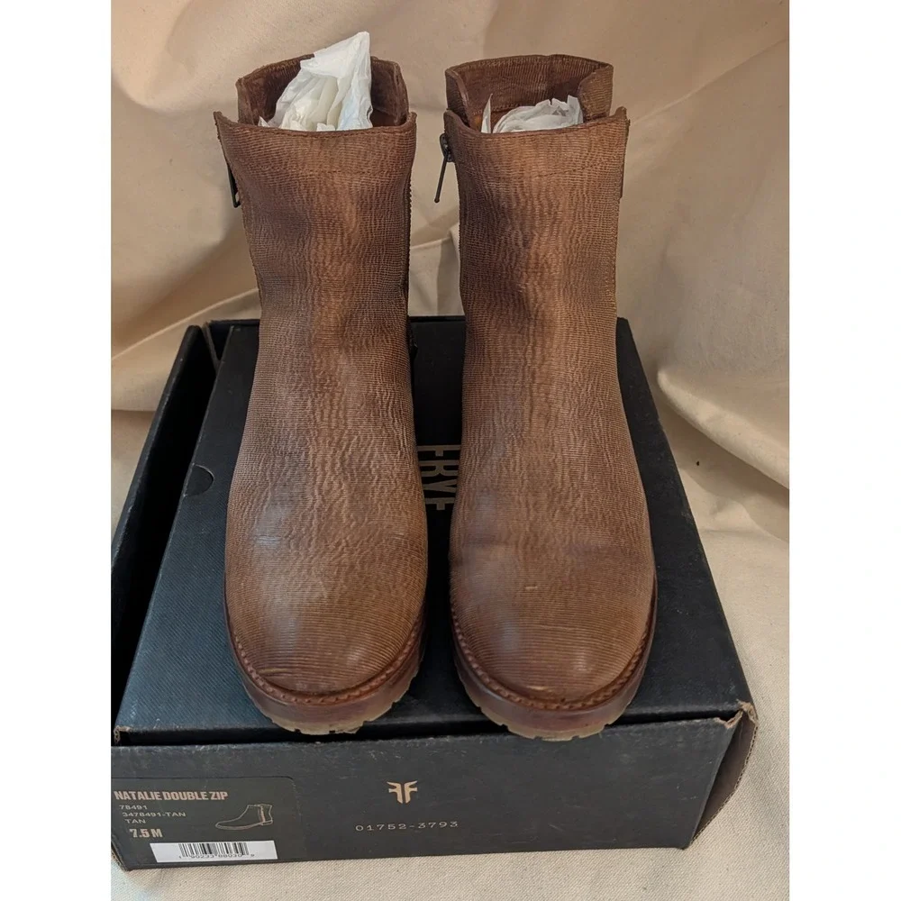 Frye Natalie Double Zip Tan Leather Ankle Boots 78491 7.5M
